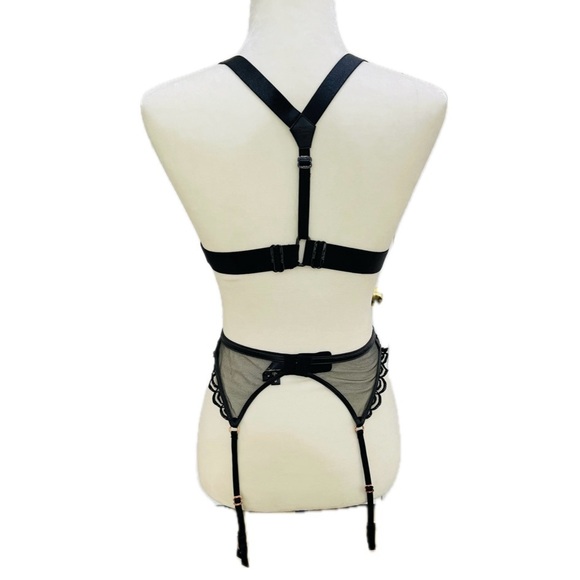 Honey Birdette Bundle Faux Leather Studded Black Bra, Garter Belt with Satin Bag - Picture 3 of 16